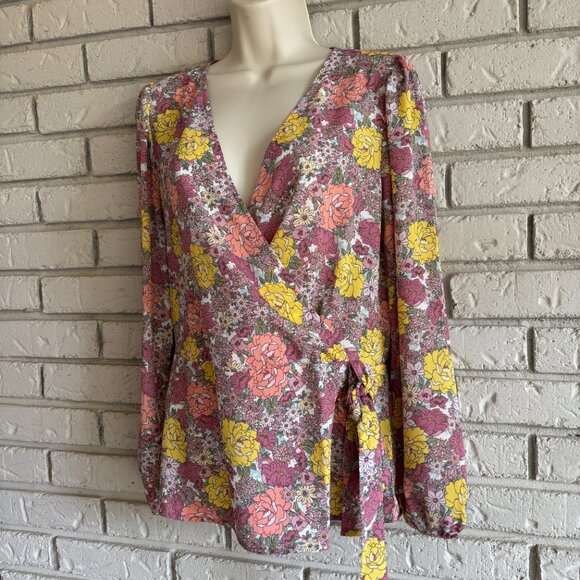 Anthropologie Pleione Pink Floral Faux Wrap With Bow Boho Blouse Medium - Picture 2 of 8